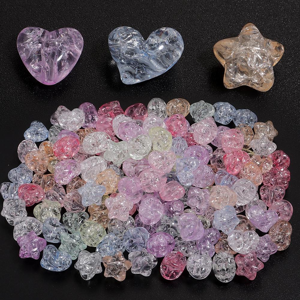 50pcs Acrylic Crackle Beads Colorful Heart Star Loose Spacer Beads For Jewelry Making DIY Bracelet Necklace Keychain Accessories
