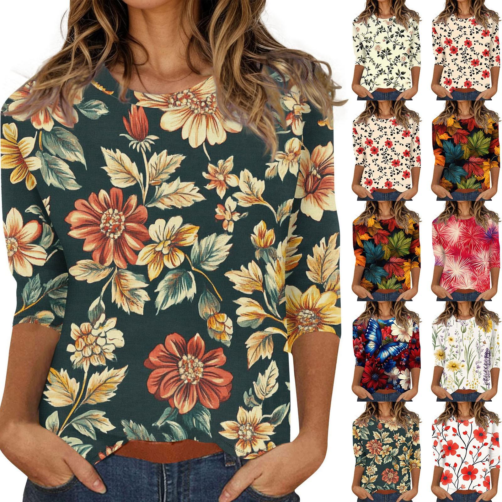 

Women s Floral And Casual Three-quarter Sleeves Floral Print Collar Top L