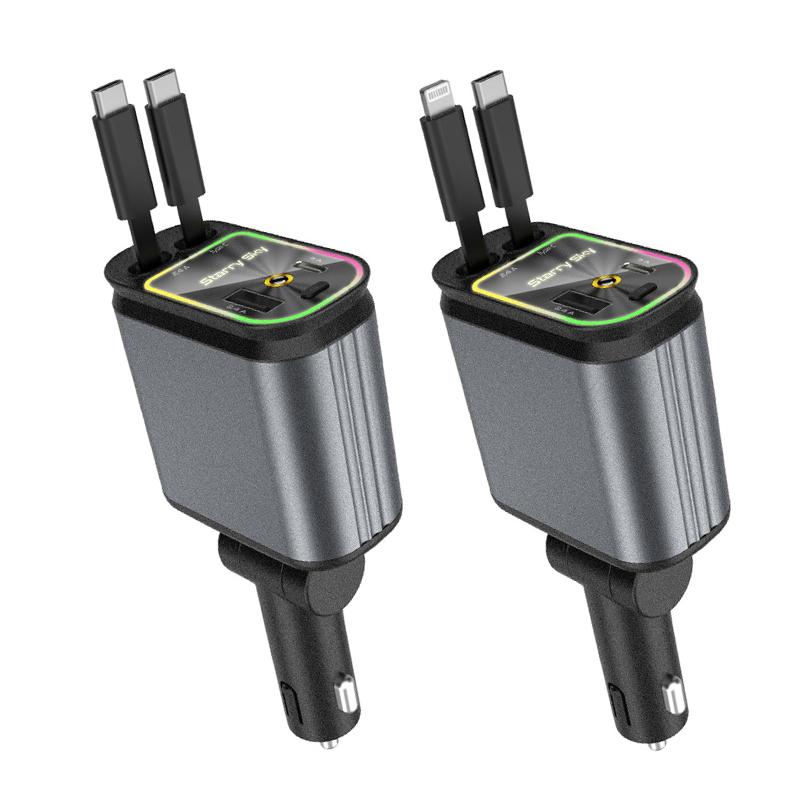 Upgraded 120W PD+USB Quick Charger with 2 Retractable Cable Fast Charging Car Phone Charge W/ Ambient Light 4 In 1 Power Adapter