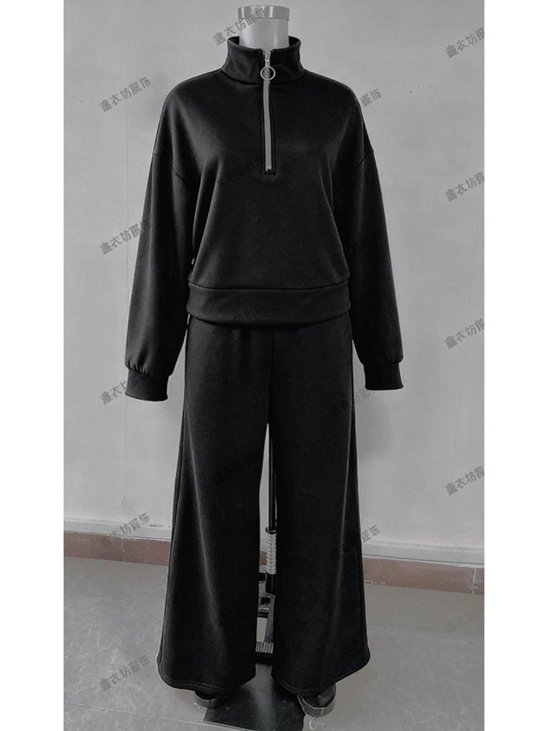 2025 Women's Casual Half-Zip Hoodie and Long Pants Set - European & American Autumn/Winter Style.
