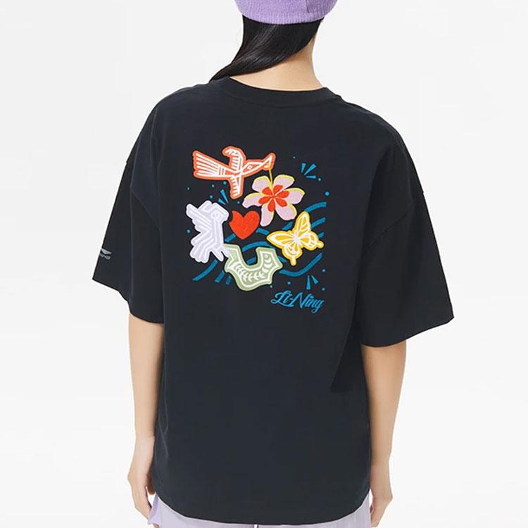 Li Ning Sports Lifestyle Series Color Pattern Printed Round Neck Loose Short Sleeve T-Shirt Women Tops Black AHSS320-2