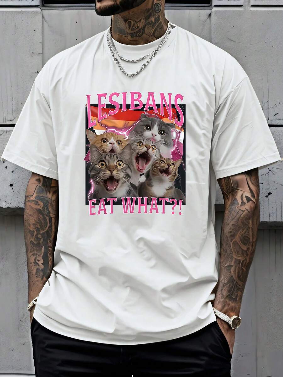 

Unisex S Casual Loose Fit Round Neck T-Shirt With Playful Cat Graphic Print - LESIBANS EAT WHAT Design L