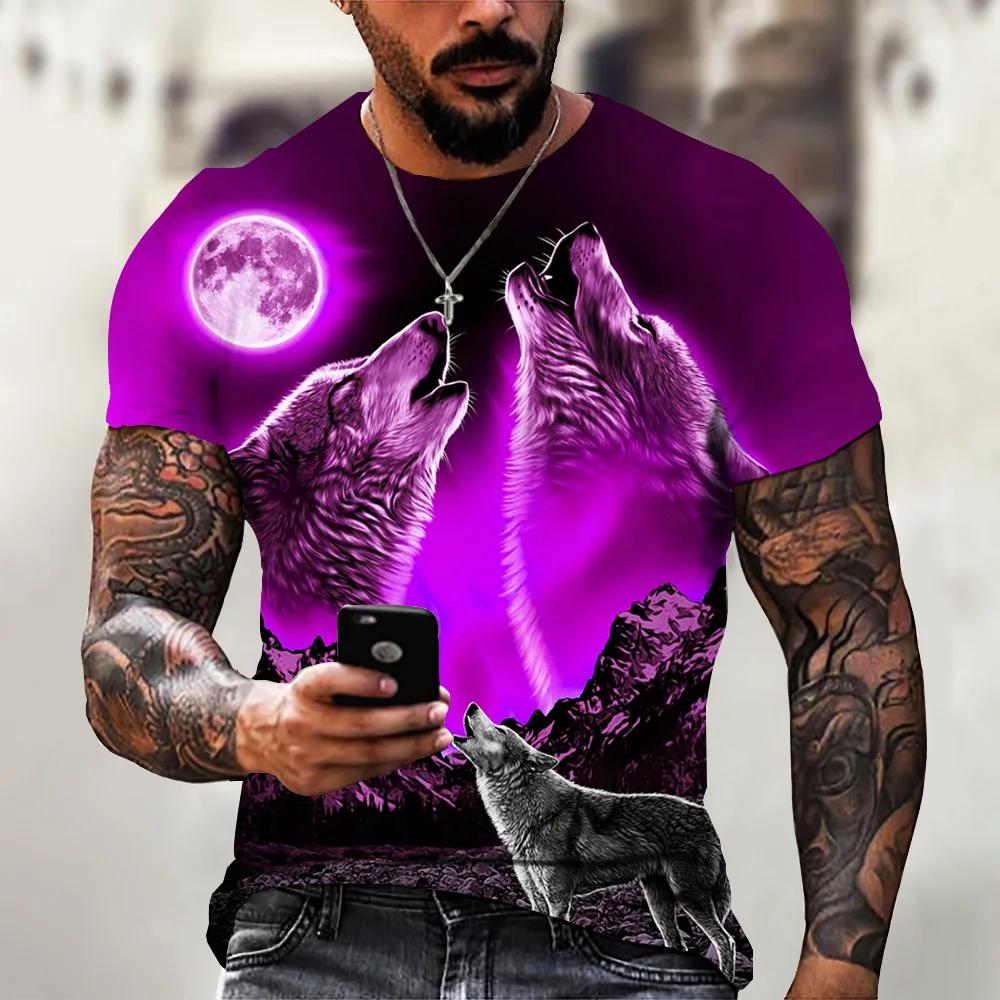 2026 Wolf Pattern Animal Print Short Sleeve Top 3D Casual Streetwear Men's T-Shirt Loose Vintage Style