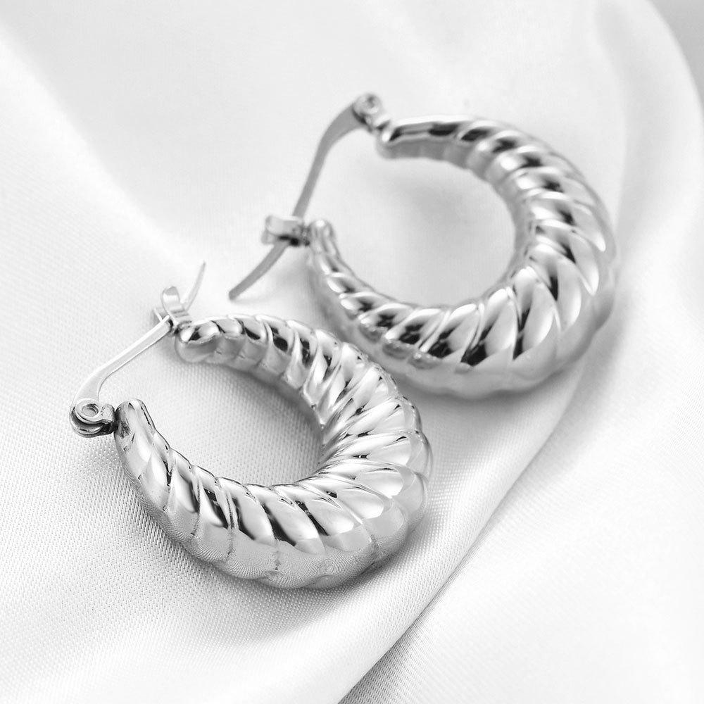 18K Gold Bread Pattern Hoop Earrings - 25MM Stainless Steel with Versatile Backs for Women