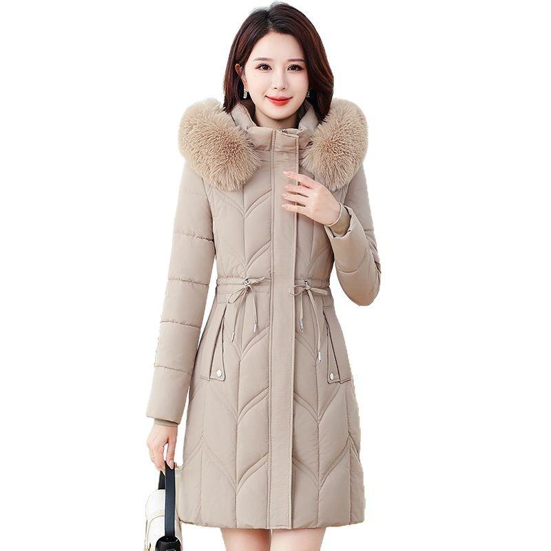 

Хлопковая куртка Зимняя женская куртка средней длины приталенного силуэта с меховым воротником Пуховик для сохранения тепла и толстая куртка M хаки