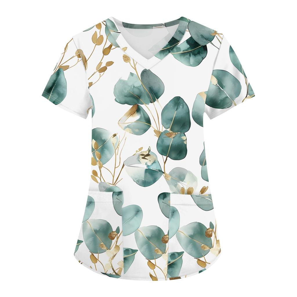 Vêtements de travail à manches courtes et col en v pour femmes, hauts imprimés avec poches