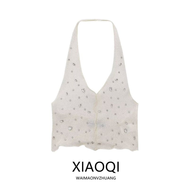 Fashion Style 2024 Summer New Arrival Women's Sleeveless Jewelry Inlaid Hanging Collar Vest Camisole Tops 1014316