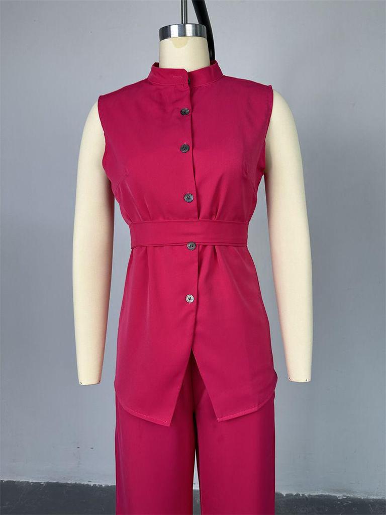 2025 Summer Women's Wear: Stand-up Collar Buttoned Sleeveless Top & Wide-leg Pants Set