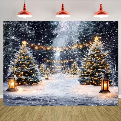 2D Winter Wonderland Backdrop, Snowy Forest Path with Lit Christmas Trees for Photoshoot