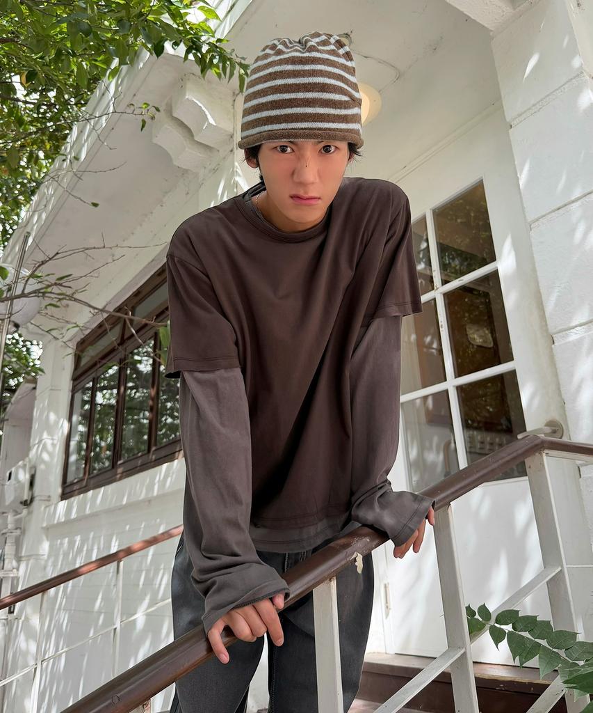 SUPERSUB [Set] Vintage Color Block Layered Long Sleeve T-Shirt Set - Brown/Dusty Gray