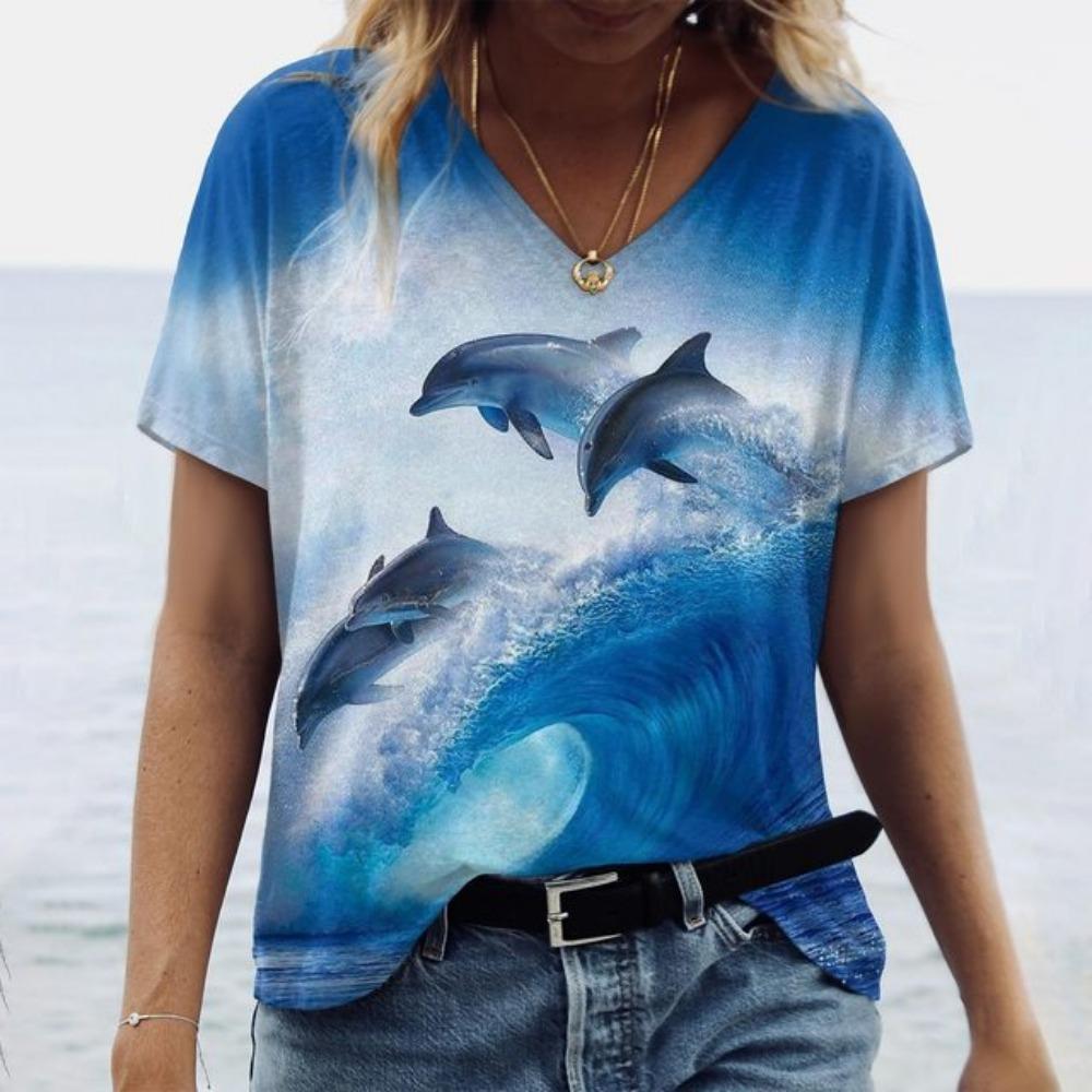 Women's T-Shirts Dolphin Print Tops V-Neck Fashion Female Vintage Aesthetics Tees Loose Oversized Funny Clothing