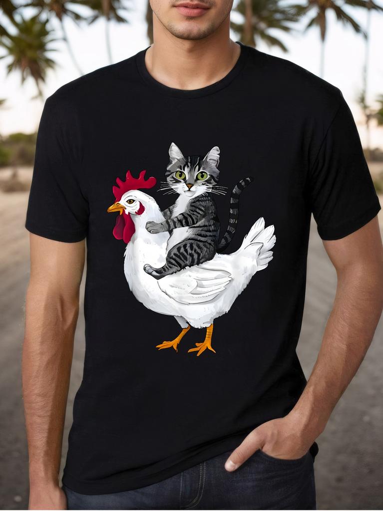 Cat Riding Chicken Funny Graphic T-shirt