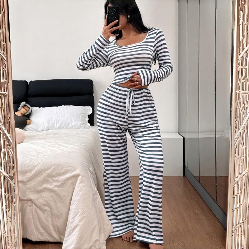 Womens Square Neck Striped Long Sleeve Pajama Set Loose Fit Comfortable Sleepwear Home Lounge