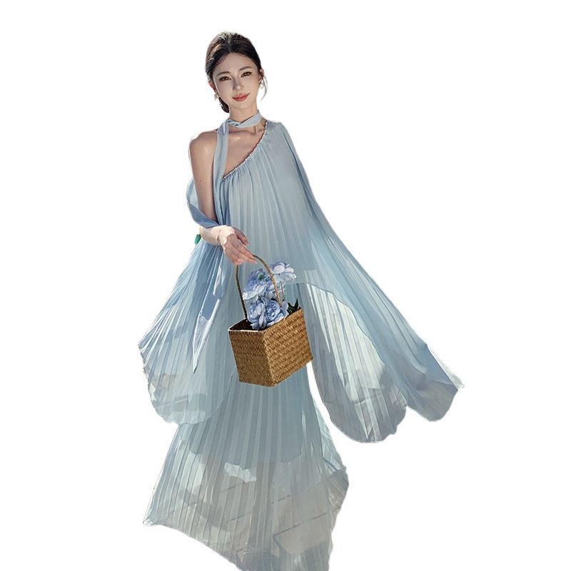 Travel Wear Seaside Vacation Beach Suit Skirt French Temperament Blue Chiffon Slanted Shoulder Top Two-piece Set
