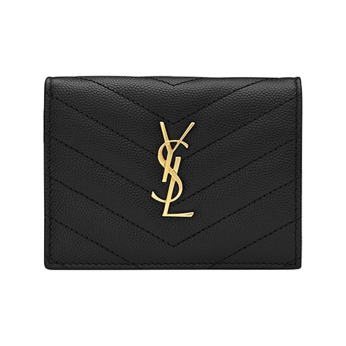 Saint Laurent Ysl Cassandre Double Fold Gold Logo Textured Quilted Leather Card Holder Wallet Women Wallet Black 530841-BOWA1-1000
