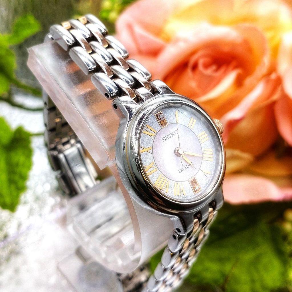 [USED] Seiko Exceline 2-piece diamond watch with box, instruction manual and links, solar-powered