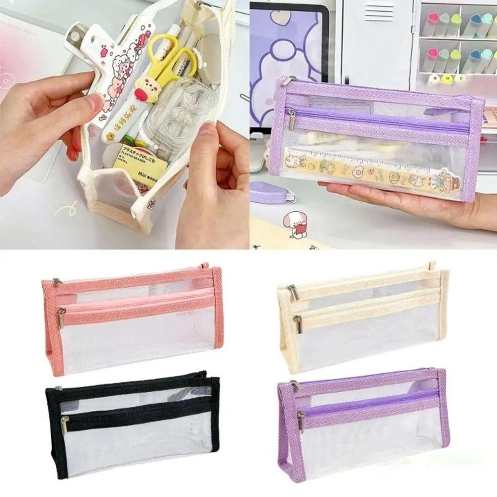 School Supplies Large Capacity Pencilcase Mesh Solid Color Pencil Bag Small Fresh Pencil Bag