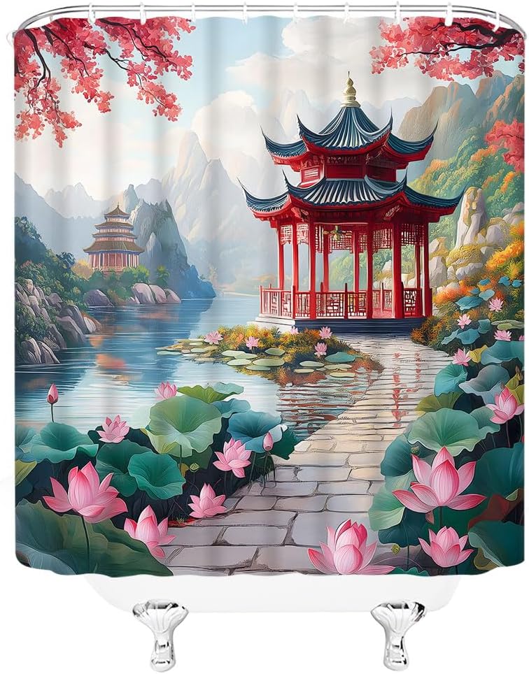 Chinese Garden Shower Curtain Japanese Lotus Floral Asian Cherry Blossom Oriental Mountain Ink Paintings Courtyard Pavilion