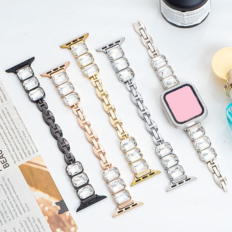 Jewelry Bracelet for Apple Watch Bands 46 45 44 42 38 49mm Diamond Metal Band Square Crystal Strap for iWatch S10 9 8 7 SE 6 5 4