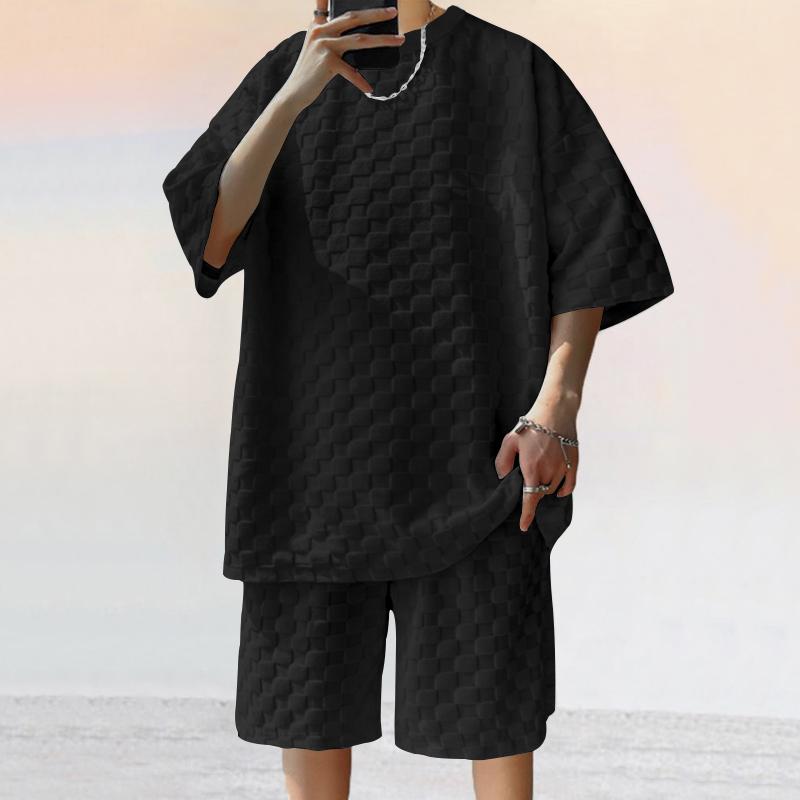 Set T-shirt a maniche corte jacquard a quadri estiva da uomo e pantaloncini casual a gamba dritta, taglia grande, vestibilità comoda