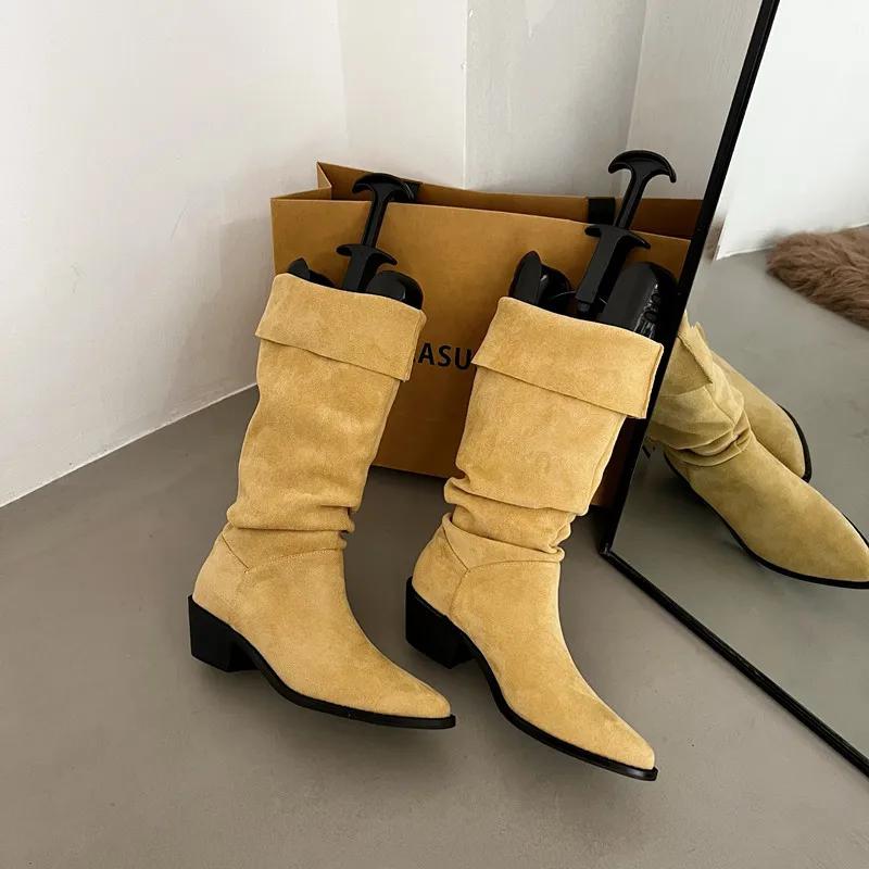 Fashionable Long Tube Boots Women's French Vintage Stack Boot Pointed Toe Western Cow Velvet Interior Knee High Boots
