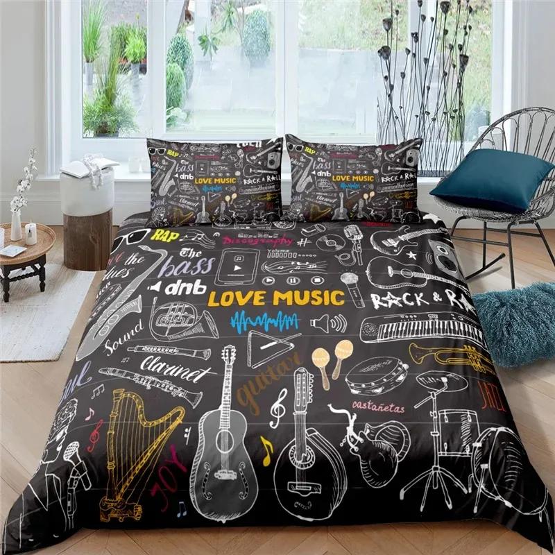 3d Music Notes Guitar Duvet Cover Set for Teens Adults Bedroom Decor Music Bedding Sets Fashion Hip Hop Comforter Cover