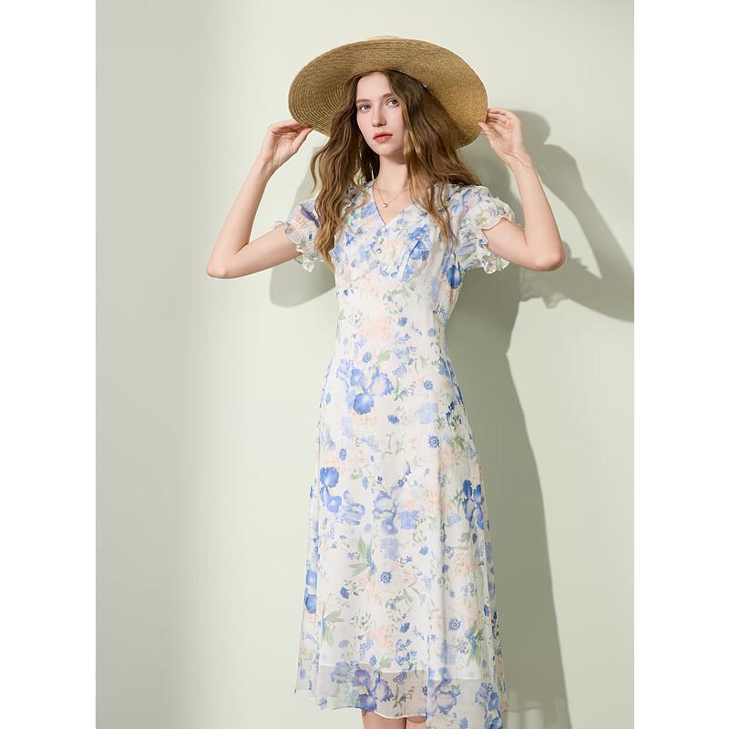 Sancai 2025 Summer Floral Chiffon V-neck A-line Maxi Dress
