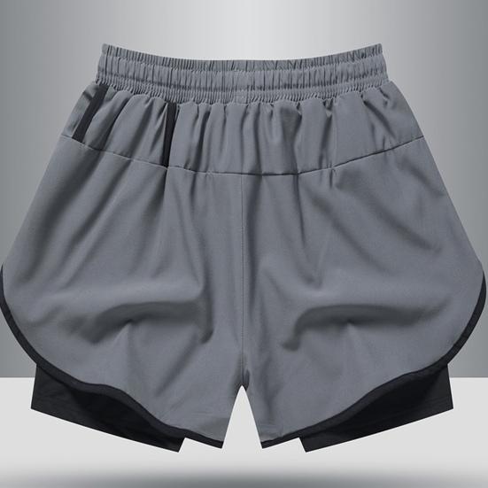 Men Beach Shorts Loose Double Layers Quick Dry Conservative Breathable Swimming Elastic Waist Plus Size Solid Color Swimming Trunks Water Sports