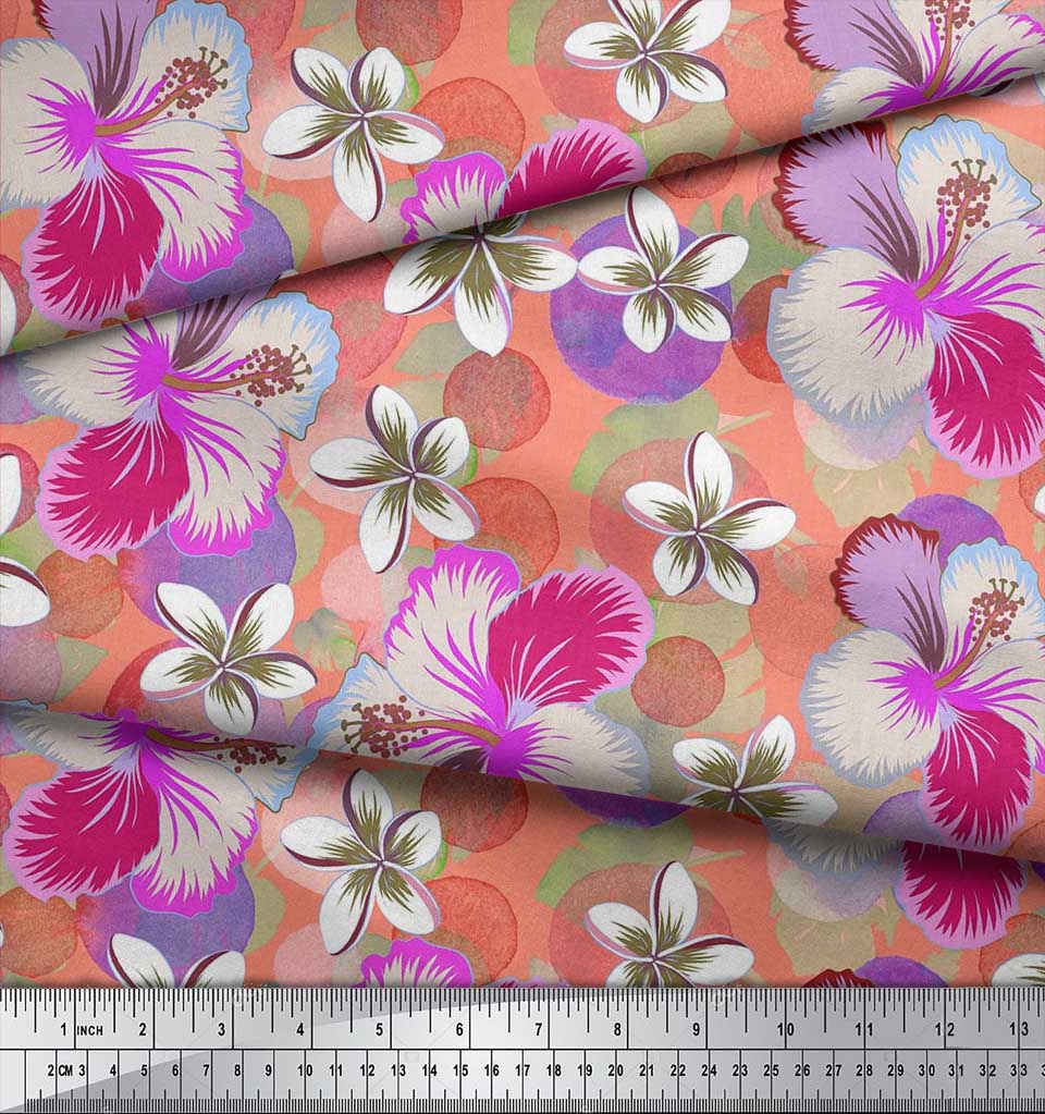 Soimoi Japan Crepe Satin Fabric Leaves & Plumeria Flower Decor Fabric Printed Metre 42 Inch