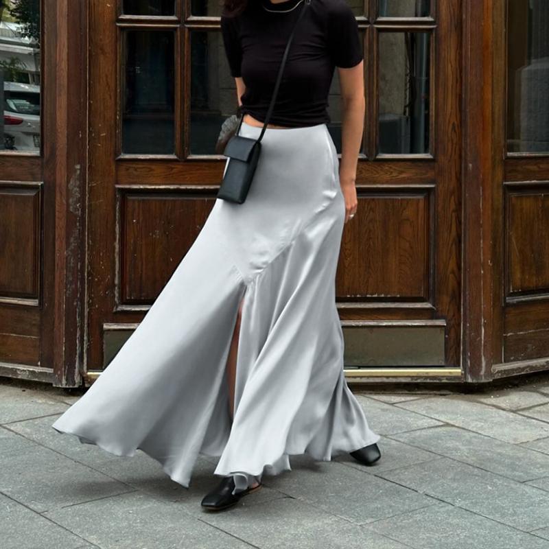 Elegant Grey Satin Skirts For Women Fashion Mid Waisted Slit Solid Skirts Casual New Loose Ankle-Length Skirt Streetwear
