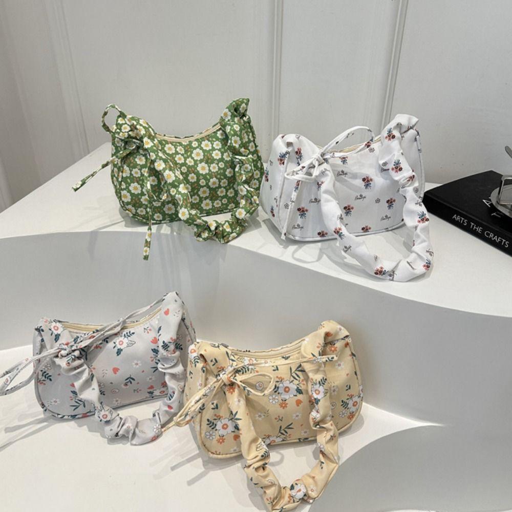 Bow Printing Shoulder Bag Flower Pattern Lovely Tote Bag Korean Style Sweet Canvas Bag  Streetwear