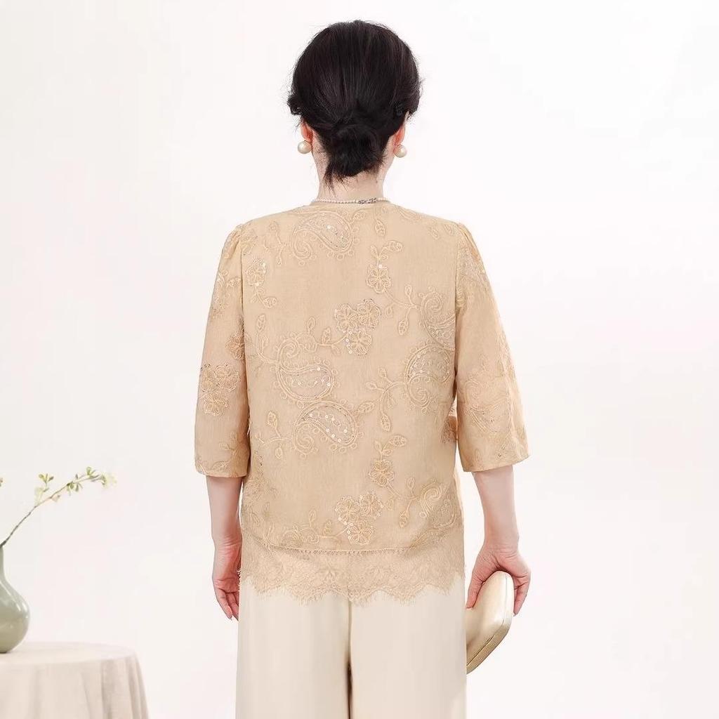 2026 Early Spring Chinese Style Sequin V-Neck T-shirt for Middle-Aged & Elderly Women