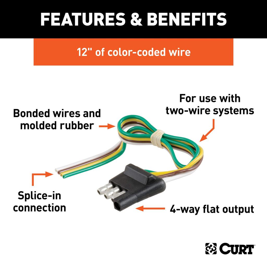 CURT 58030 Trailer Side 4-Pin Flat Wire Harness with 12" Wire