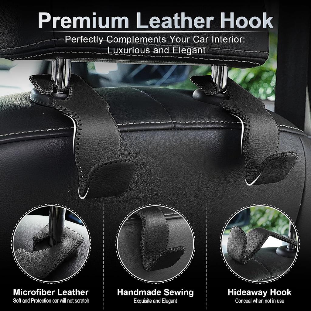 Black Superior Leather Car Seat Back Headrest Hook, Auto Seat Hook Hangers Interior Accessories for Purse Coats Umbrellas Grocery Bags Handbag,