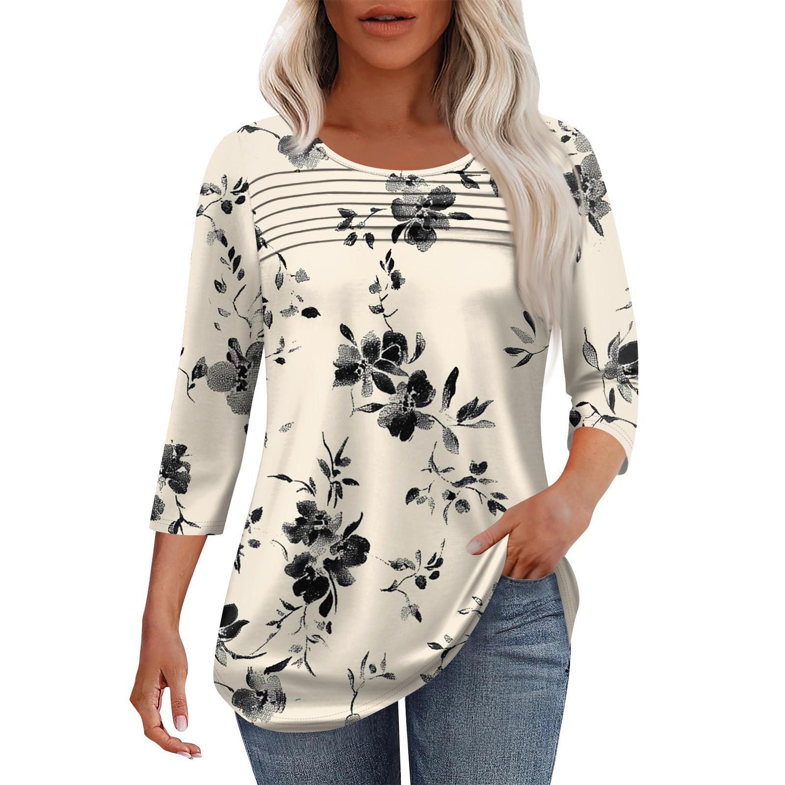 

Женская мода круглый вырез горловины плиссированная передняя планка топ рукав 3/4 XL белый