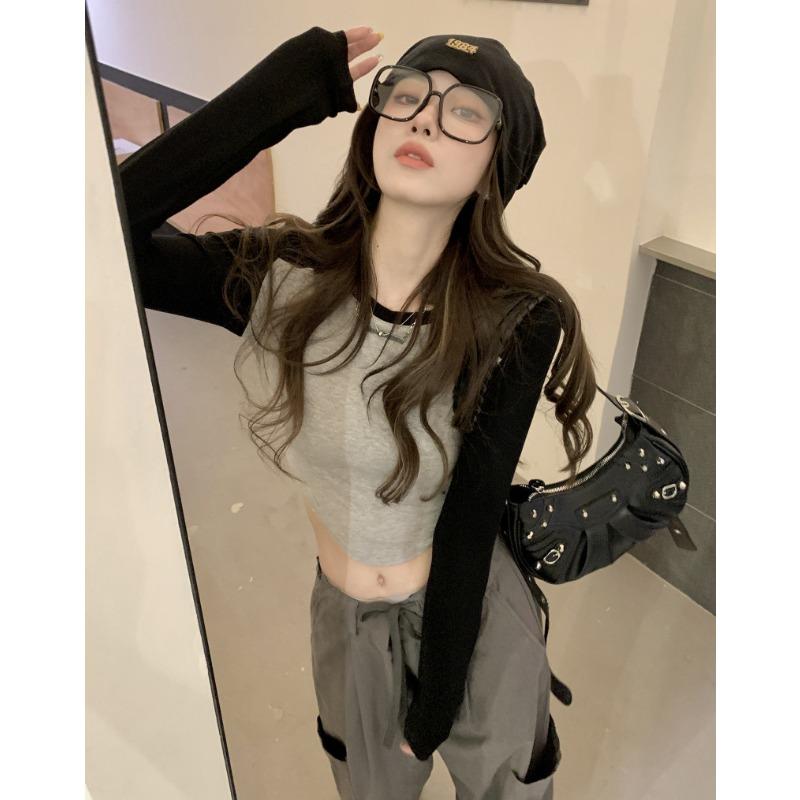 Americké nepravidelné krátké tričko pro dámský podzimní nový horký styl dívky s dlouhým rukávem slim fit spodní tričko top