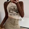 Kurzes, mit Buchstaben bedrucktes T-Shirt für Damen im Herbst, amerikanisches Retro-Slim-Fit und dünnes Mädchen-Langarm-Bottom-Shirt-Oberteil