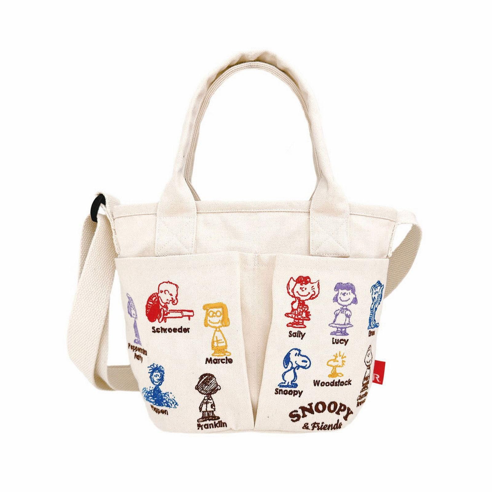 

Snoopy Embroidered Mini Tote Bag with Shoulder Strap IP Baby Roo Pockets Peanuts 0C 8422 [Rootote] (01 Ivory)