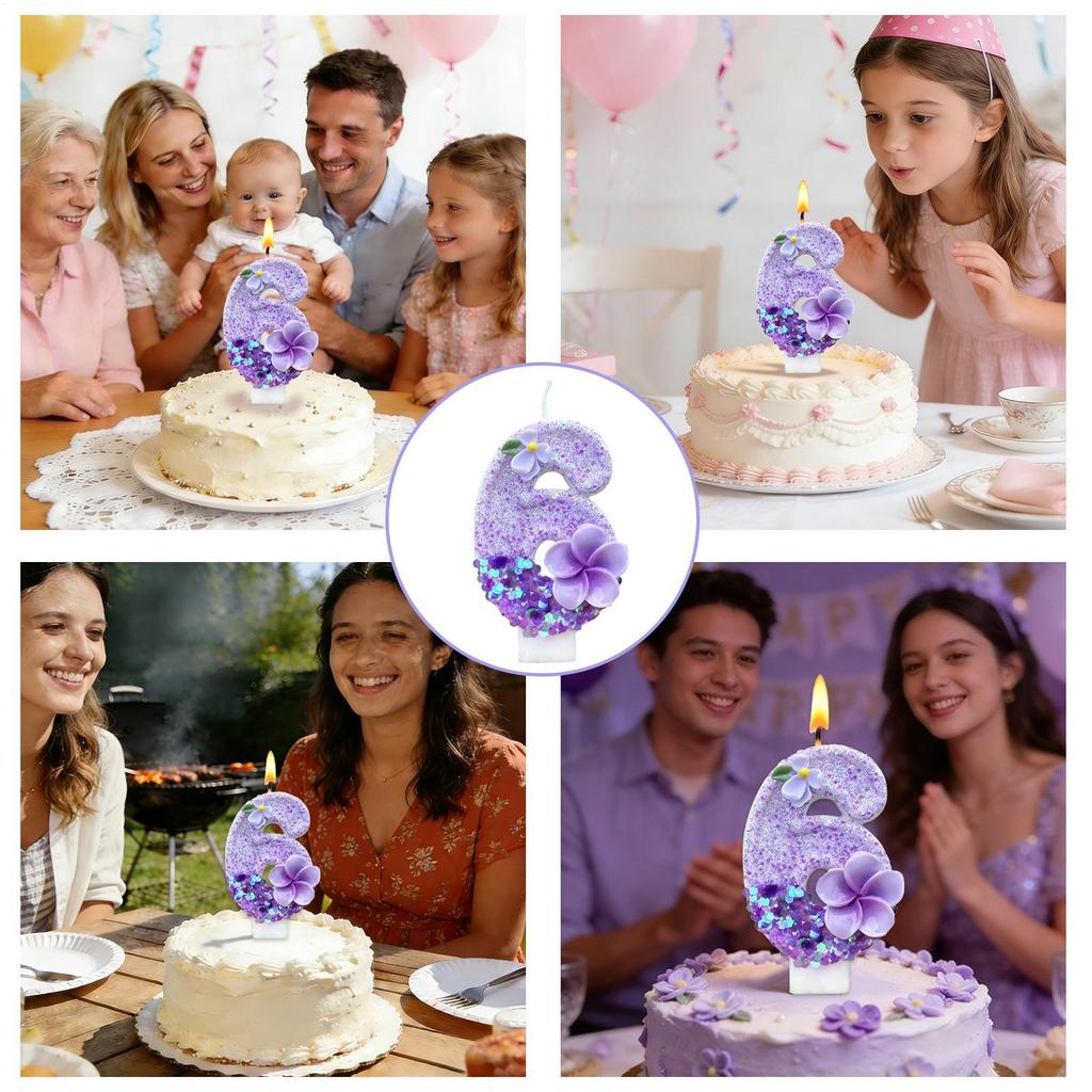 Number Birthday Candles Glitter Sequins Cake Toppers Floral Design Birthday Cake Candles for Men Women Family Mother Dad Kids