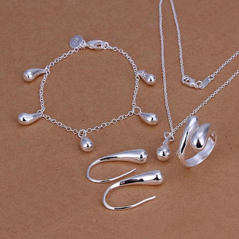 European & American Fashion Silver-Plated Jewelry Set: Exquisite Drop Bracelet, Necklace, Earrings, and Ring