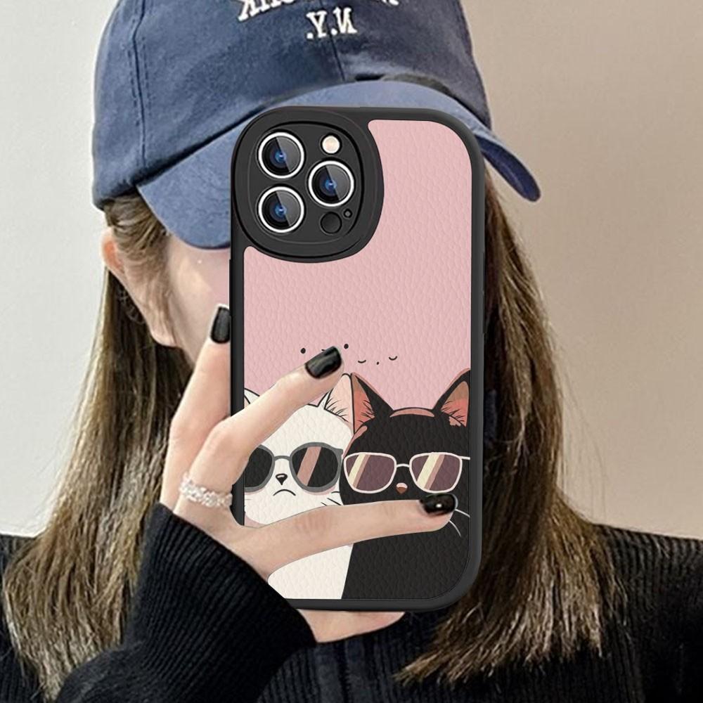 Cartoon Cute Cats Background Phone Case Hard Leather For IPhone 16 15 14 13 12 Mini 11 14 Pro Max Xs X Xr 7 8 Plus Fundas