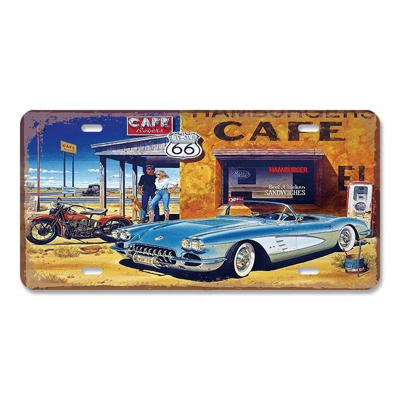 Vintage Metal Tin Signs Decor Route 66 License Plate Motorcycle Car Metal Posters Wall Decor for Garage Bar Pub Moto Club