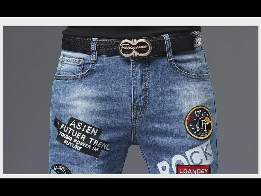 Blugi elastici slim fit pentru bărbați, stil coreean, cu imprimeuri personalizate de toamnă