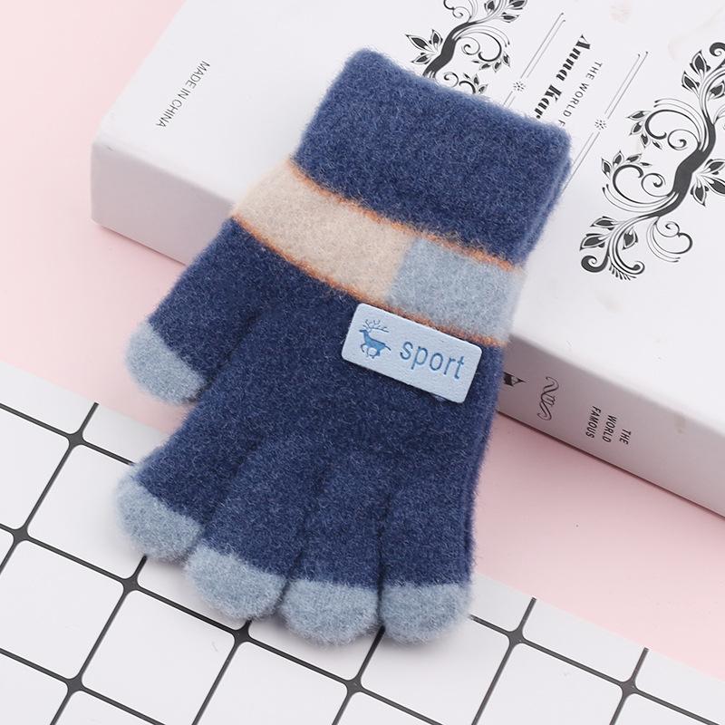 

Детские перчатки новые осенне-зимние с начесом утолщенные теплые милые детские мужские и женские шерстяные вязаные волшебные перчатки с пальцами Length 16cm [suitable for 5-16 years old] тёмно-синий