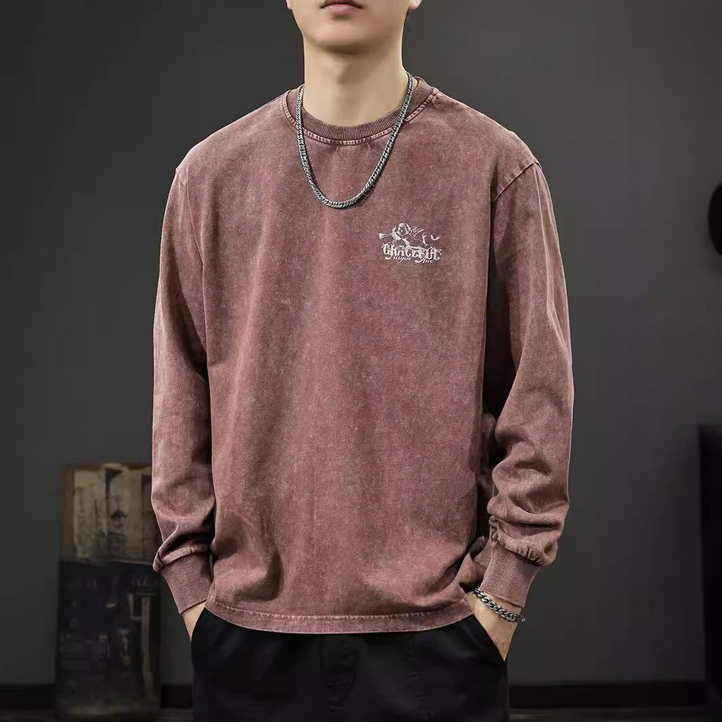 Autumn 300G Heavy Washed Printed Long-Sleeved T-Shirt Men'S American Retro Trendy Sweater Pure Cotton Loose T-Shirt