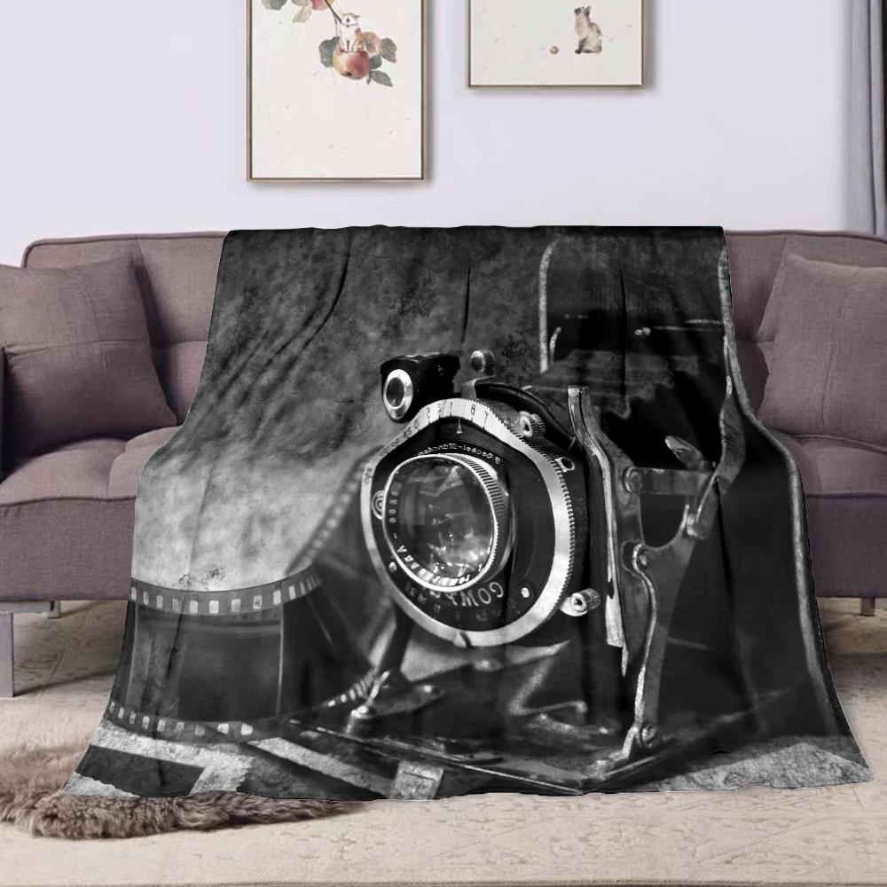 "Vintage Camera with Film Reel" Patterned flannel blanket perfect for the bedroom living room, sofa, or a little nap