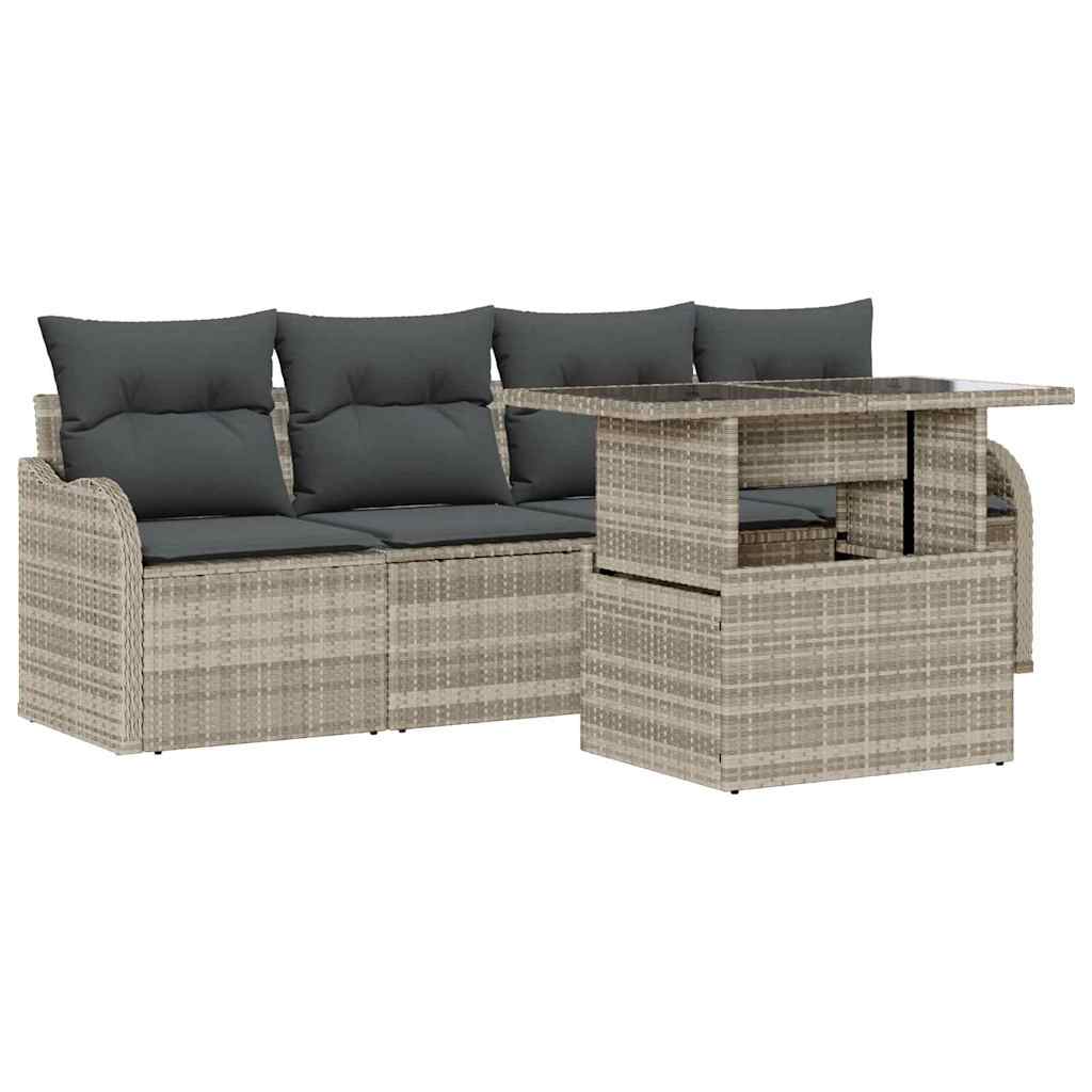 5 Piece Sofa Set with Cushions Light Grey Poly Rattan