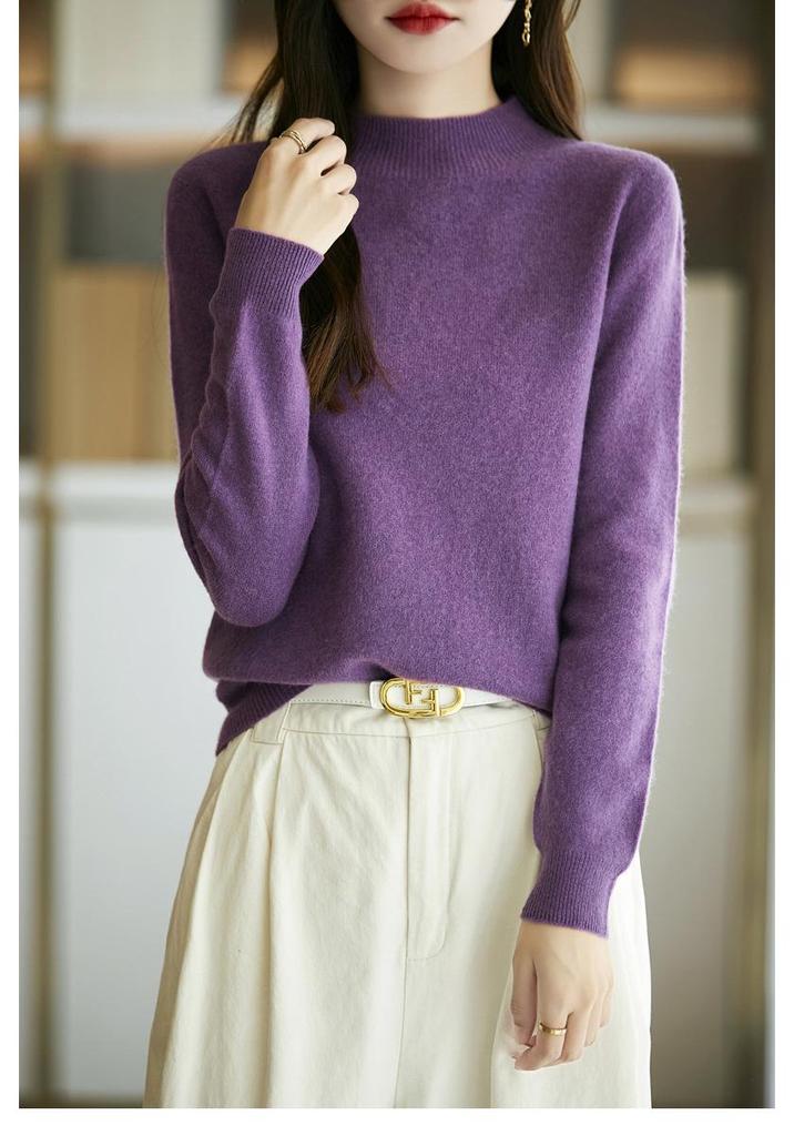 Women's Slimming Wool Sweater - Half High Neck, Long Sleeve, Loose Velvet Pullover, Versatile Knitwear for Autumn/Winter.