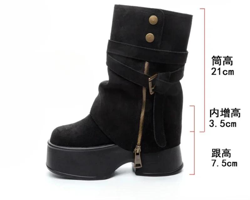 Fashion 11cm Suede Cow Genuine Leather Spring Platform Wedge Flats Women Autumn British Motorcycle Fashion ZIP Ankle Boots Shoes
