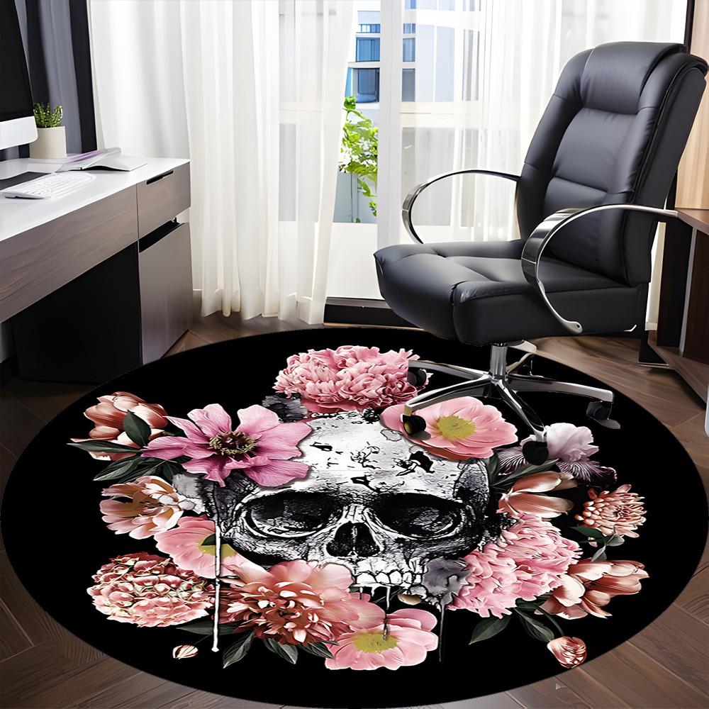 1pc Skull Flowers Office Round Area Rug, Indoor Mat Suitable For Office, Under Office Chairs Bedroom Living Room Home Decor, Room Deco